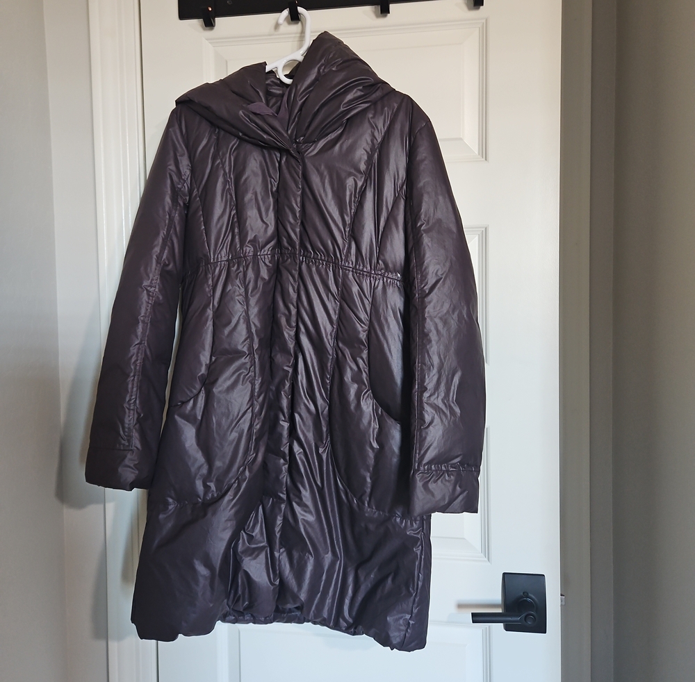 Elie Tahari Long Hooded Puffer Coat in Plum